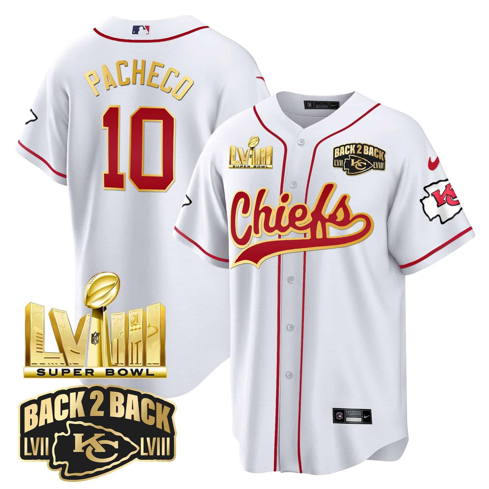 Men Kansas City Chiefs 10 Pacheco White 2024 Nike Super Bowl LVIII Back 2 Back Gold Patch Baseball NFL Jersey